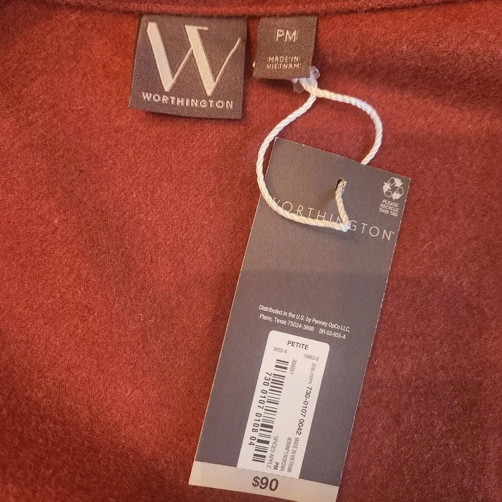 NWT‎ Petite Medium Copper Red Tie Pea Coat With Pockets by Worthington